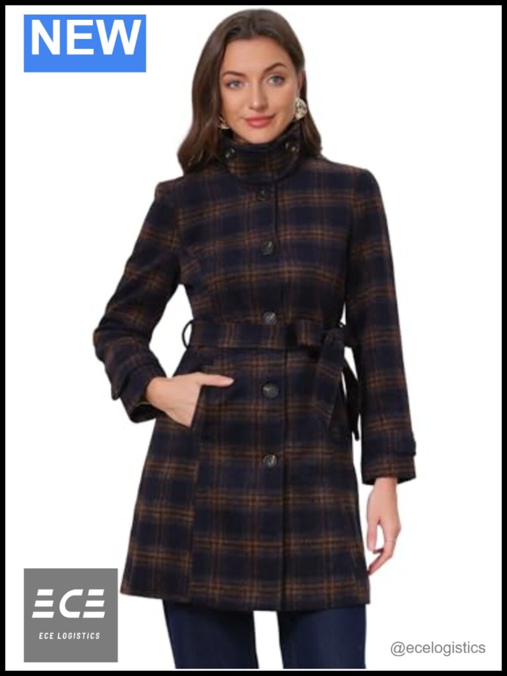 Vintage Plaid Peacoat Stand Collar Winter Trench Coat